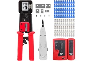 MAYLINE-TECH MAYLINE RJ45/CAT5/CAT6 Herramienta de cable de Crimpador de red, profesional de Mantenimiento de, LAN Probador de cables de red 50 Conectores, Pasante RJ45Herramientas de Reparación (Rojo)