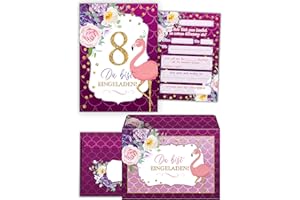 ‎JUNA-EXPERTEN JuNa-Experten 12 Einladungskarten inkl. 12 Umschläge – 8. Kindergeburtstag Mädchen, Flamingo Einladungen, Bunte Geburtstagseinladungen - zum achten Geburtstag