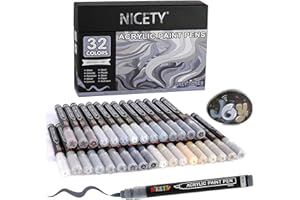 NICETY 32 Couleurs Feutres Acryliques – Stylos Pinceaux pour Peinture sur Pierre, Bois, Verre, Céramique – Pointe Pinceau 1-6mm, Marqueurs Acryliques set à Base d’Eau pour Adultes (Gris)