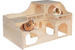 RESCH HEIMTIERBEDARF Resch No35 Manoir pour cochon d'Inde Bois massif naturel en épicéa/avec deux grandes entrées au rez-de-chaussée et un large escalier menant à la maison haute avec balcon