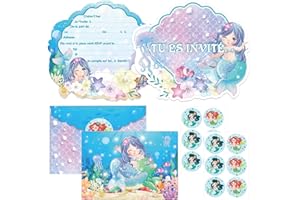 SHOWHEEL Carte Invitation Anniversaire Fille 12 Pièces, Carte Invitation Anniversaire Sirène avec Enveloppes et Autocollants, Invitation Anniversaire Fille, Cartes D'invitation pour Enfants