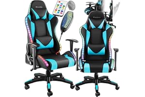 TecTake® Sedia da Gaming, Sedia per Gamer con LED e Funzione Massaggio, Schienale e Braccioli Regolabili, Cuscino Lombare Rimovibile, Rotazione a 360°, Ergonomica, Poltrona Ufficio - Nero/Azzurro