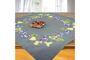 Ernst Schäfer Stickpackung Trauben, graues Tischdecken Set vorgezeichnet zum Sticken, Stickset mit Plattstich und Stielstich zum Selbersticken