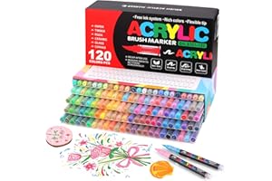 Gunsamg Lot de 120 marqueurs de peinture acrylique à base d'eau avec pointe pinceau flexible de 1 à 5 mm pour peinture sur roche, céramique, verre, pierre, métal, tissu