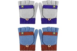 Sintege 2 Paires Gants sans Doigts Gants à Rabat Convertibles en Tricot Mitaine Demi-Doigt pour Enfant 5-12 Ans (Bleu, Gris Clair)