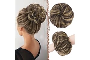FESHFEN Moños Postizos, Natural Rizado Ondulado Postizo Moño Sintético Extensiones de Cabello Pelo Desordenado Coleta Postiza para Mujer 55g, Castaño Oscuro y Rubio Champán