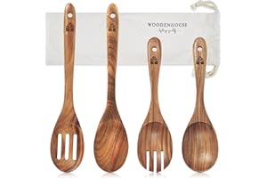 WOODENHOUSE LIFELONG QUALITY 4 Cucharas de Madera para Cocinar - Diferentes Tamaños y Usos. Juego de Utensilios de Cocina 100% Madera de Teca. Menaje de Cocina para Sartenes Antiadherentes - Accesorios de Cocina Eco & Sin Tóxicos