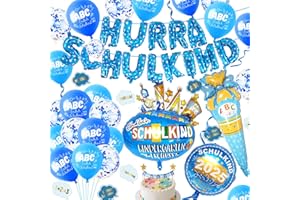 KUPITM6 Deko Einschulung Junge 2025, Schulanfang Deko mit Zuckertüte Folienballon, SCHULKIND Luftballon, ABC Luftballons, SCHULKIND Banner und SCHULKIND Girlande, Streudeko Einschulung Geschenk