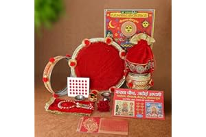 TIED RIBBONS Karwa Chauth Pooja Thali Set for Karwachauth Puja Combo (Puja Thali, Channi, Lota, Bindi, Book, Shagun Envelope with Pooja Accessories) Karva Chauth Gifts Items, D003