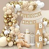 QIFU Baby Shower Decorations Neutral - 97 Pieces White Gold Balloon Arch Kit With Boxes For Babies, Welcome Baby Flag For Neu
