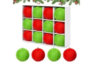 ILAUKE Bombki bożonarodzeniowe ze sztucznego futra, 12 sztuk, czerwone i zielone, puszyste bombki pomponowe (6 cm) jako ozdoba bożonarodzeniowa, ozdoba choinkowa, dekoracja do domu, akcesoria imprezowe