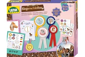 Lena Bastelset Happy Horse Siegerschleifen Hobby Horsing - Steckenpferd Bastelset mit 4 Rosetten, Medaille, Glitzer-Filz & Urkundenvorlagen, Geschenk Set für Kinder ab 6 Jahren