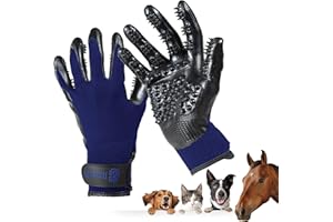 H Handson Guanti da toeletta per Animali Domestici - Guanti da Bagno, per Rimuovere i peli - Spazzola Delicata per Gatti, Cani e Cavalli (Blu, Medio)