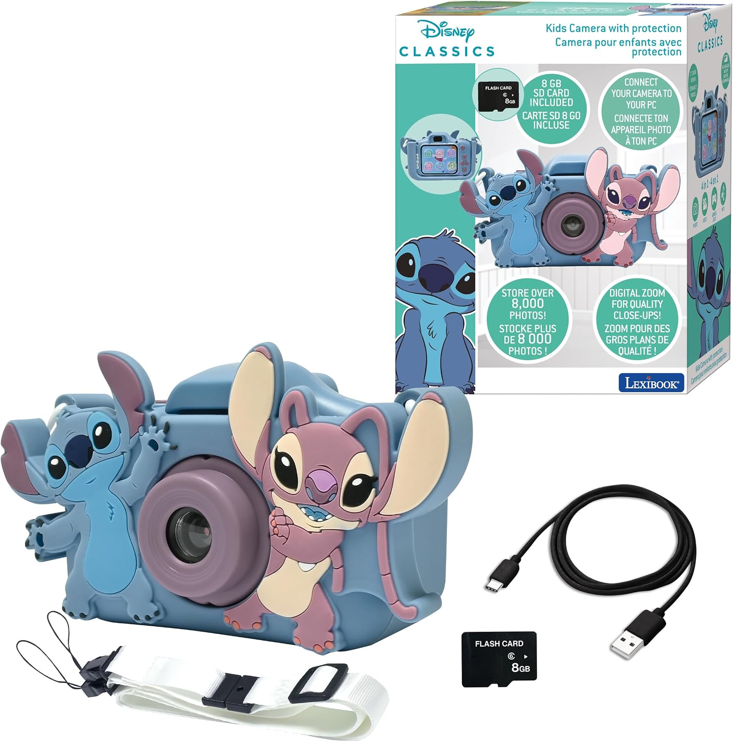 Lexibook, Disney Stitch, Cámara 4 en 1 para niños con protección, Funciones de Foto, Video, MP3 y Juegos, 15 Marcos para Personalizar Tus Fotos, Tarjeta de Memoria de 8 GB incluida, DJ078D