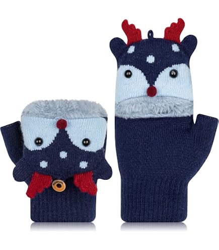Guanti Flip Top Bambini 5-10 Anni | Caldi Invernali 2-in-1 Con Patta A Bottone | Mezze Dita O Interi | Per Scuola, Bici E Neve