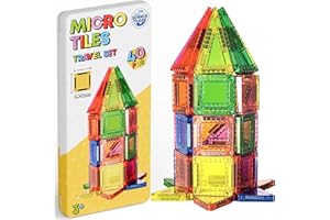 Science Kidz 40-Piece Mini Magnetic Tiles Travel Set - 40 Magnet Building Tiles & Storage Tin - Magnetic Shapes For Kids - Aeroplane Activities Travel Toys