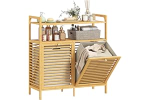 HOMCOM Mueble de Baño con Cesto Ropa Sucia, Mueble Ropa Sucia de Bambú, 2 Bolsas 2x41 L Extraíbles y Lavables con Asa, 2 Estantes Abiertos, para Lavadero, 82x33x88 cm Natural y Crema