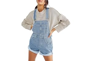 LYSINK Womens Denim Dungarees Adjustable Straps Pocket Casual Straight Leg Rolled Cuff Shortall Romper