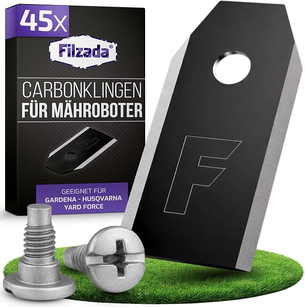 Filzada® 45x Mähroboter Messer CARBON inkl. Schrauben - Ersatzmesser für Rasenmäher kompatibel mit Husqvarna Mähroboter, Gardena Sileno & Yard Force - Geeignet für Husqvarna Automower Messer - 1