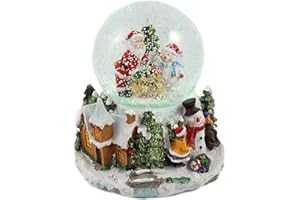 ‎ELLUG Schneekugel/Spieluhr mit Weihnachtsmann, Tannebaum und Schneemann 100mm, weihnachtlicher Sockel, Licht, Schneeantrieb, 15cm