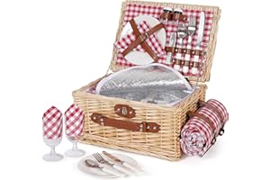 HappyPicnic Picnic Basket Set for 2 - Wicker Picnic Basket with Waterproof Blanket & Insulated Liner, Large Handmade Willow Hamper with Cutlery Kit for Outdoor, Picnic, Camping, Party, Holidays (Red)