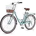 Viribus Women's Comfort Bike, 61 cm 7 Speed Bicycle for Women, 24 Inch Beach & City Cruiser Bike with Shimano Derailleur Rattan Basket Steel Rack, Step Through Bike for Women Adults Youth