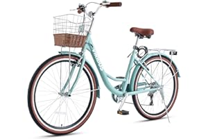 Viribus Women's Comfort Bike, 66 cm 7 Speed Bicycle for Women, Beach & City Cruiser Bike with Rattan Basket Steel Rack, Step Through Bike for Women Adults