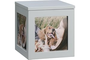 Navaris Urna Cenizas Perro - Caja Recuerdos de Mascotas con 3 Marcos de Fotos - Urnas para Cenizas Mascotas Perros y Gatos - Caja Personalizada con Fotos de 14 x 14 x 15 cm - Gris