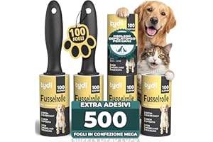 Tydi Rullo Leva Pelucchi con 2 Manici e 5 Ricariche da 100 Fogli – Rullo Peli Animali per Vestiti, Letti, Divani – Spazzola Adesiva Levapelucchi Extra Appiccicosa