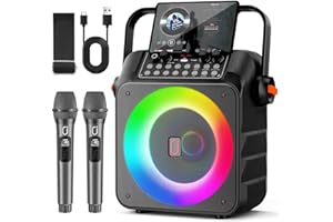 HWWR Karaoke Profesional Inalámbricos, Máquina de Karaoke Portátil con Micrófonos Inalámbricos para Adultos y Niños, Luces LED,USB/TF/AUX/Rec, Karaoke Compatible con Android/iPad/TV/PC