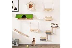 YITAHOME Juego de Pared de Escalada para Gatos, Muebles de Madera Resistentes para Gatos, 7 estantes con casa, Puente Colgante, escaleras, Hamaca y Poste rascador para Dormir, Jugar y Descansar