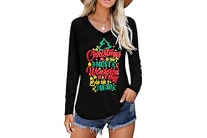 Terecey Camiseta Navideña Mujer con Divertido Estampado de Navidad Camiseta Mujer Navideño Manga Larga Ropa Navidad Casual para Fiesta y Regalo