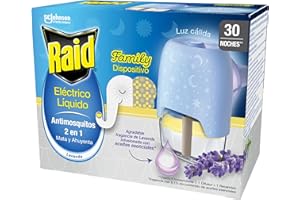 Raid® Eléctrico líquido Family Lavanda 30 noches - Enchufe anti mosquitos común y tigre 2 en 1, mata y ahuyenta. Aparato + Recambio, fragancia Lavanda