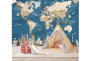 MWSSEGGE 3D Papier Peint Panoramique Tapisserie Intissé Murales, À La Main Monde Carte Animale Papier Peint Enfant pour Salon Chambre Décoration Murale, Papier Peint Chambre Enfant (350x256 cm,C)