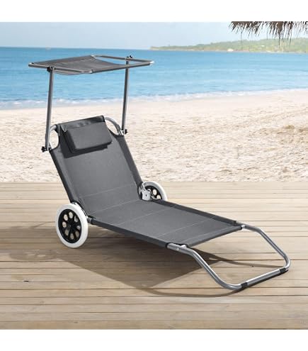 Sdraio Pieghevole Da Spiaggia E Campeggio – Con Tetto Parasole, Tessuto Textilene, Colore Casuale (blu), Dimensioni 145x52x62 H Cm