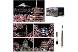 JIUHAO Grattoir à gratter pour adultes et enfants, pour la gravure artistique - Pour adultes et enfants - Cadeau créatif pour enfants, amis, famille, avec 4 outils (fleurs de cerisier)