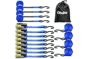 Sangle à cliquet 8 pièces, Ohuhu 680kg 4,6m Sangles de Serrage à cliquet Sangle d'arrimage avec tendeur à cliquet pour Le Transport Quotidien et Le Regroupement de Marchandises, Bleu