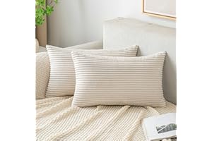 EMEMA Cushion Covers Corduroy Oblong Throw Pillow Covers Striped Soft Sham Home for Sofa Couch Bedroom Decorative Pillowcases 12x20 Inch 30x50cm Set of 2 Beige