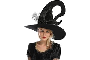 CARNAVALIFE Sombrero Negro de Bruja con Curvas para Mujer, Sombrero para Plumas y Flores, Accesorio para Fiesta de Halloween, Mascarada, Disfraz de Cosplay, Talla única