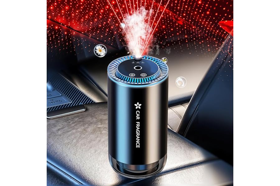 Smart Car Air Freshener, Automatic Essential Oils Aroma Diffuser, Rechargeable Auto On/Off Fragrance Fresheners with Starry Lights Projector, 3 Adjustable Mode Scent Purifier with Perfume