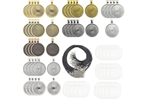 DUGYIRS Plateaux à Pendentif 40 Pièces Rond Lunette Vide Plateaux Suspendus 40 Pièces Verre Carreaux de Dôme Cabochon 40 Pièces Ciré Collier Cordon pour Bijoux Photo Pendentif Artisanat Fabrication