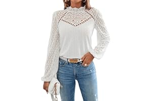 GORGLITTER Blusa elegante para mujer, cuello alto, camiseta de manga larga, encaje, túnica con mangas de farol