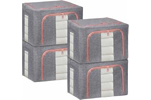 DAWNTREES 4 Pack Openings Clothes Storage Bins with Metal Frame, Foldable Storage Bin for Clothes, Clothing Storage Bins with Lid, Linen Storage Box With Clear Window＆ Zippers＆ Durable Handles