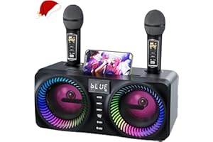 Musyvocay Karaoke Potable System, Multi-functional 30W PA System with 2 Wireless UHF Microphones and Rechargeable Slot in Machine, Complete Micro Karaoke Machine for Home Friends