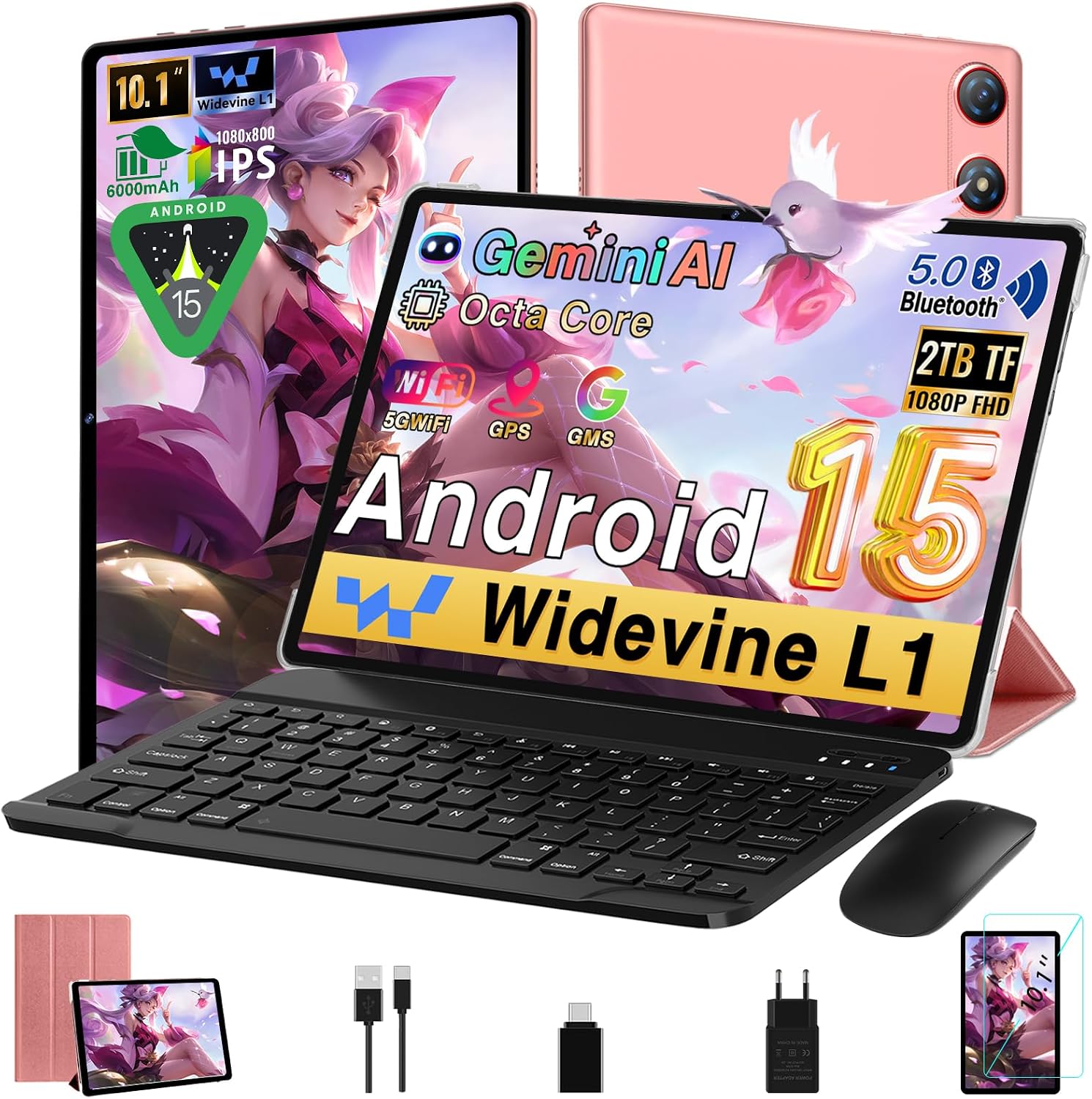 Android 15 Tablet 10 Pulgadas 30GB RAM+64GB ROM (2TB/TF), Gemini AI, Octa-Core 2.0Ghz, 1080*800 FHD IPS, Standby Extra Largo, 5G WiFi, Widevine L1, 5MP+13MP, Face ID, GMS, Tableta con teclado,Oro Rosa