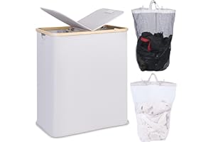 efluky 140L Laundry Baskets with Lid 2 Compartments, Large Laundry Hamper, Double Laundry Basket Laundry Storage with 2 Removable Bags, Light Grey