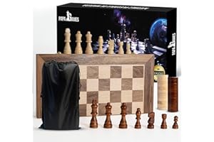 PapaGames (2 en 1) Ajedrez Madera Plegable + Damas, Ajedrez Magnetico Staunton 39x39cm +2 Reinas Extra, Ajedrez para Niños de Madera de Nogal Ideal para Regalar