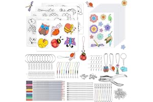 yosiio 198 Stück Schrumpffolie Set Kinder, A5 Schrumpffolie Set Schlüsselanhänger mit Schrumpffolien, Buntstifte, Locher, Karabinerverschluss für DIY Handwerk Dekorationen Bastelset Kinder