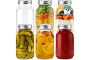 HEFTMAN Glass Mason Jars with Lids 1L - Set of 6 Large Air Tight Jars for Overnight Oats, Homemade Jam, Food Storage, Meal Prep, Pickling, Preserving - Mason Jar 6 PCS (1 Litre)
