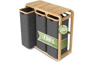 AMBIAVO® Wäschekorb 3 Fächer grau 150 L – Platzsparendes Design – 50L pro Fach - Stabile Bambuskonstruktion – Ablagefläche – Herausnehmbare, waschbare Wäschesäcke